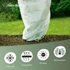 A plant covered by a protective frost cover in a garden setting, with feature icons at the bottom. Produktbild-Vorschau