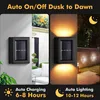 A split image showing a solar wall light during the day and at night, with text describing its features. Produktbild-Vorschau