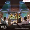 A family is watching a soccer game on a Thomson QLED TV, with Dolby Atmos sound effects visualized as blue rings around the room. Produktbild-Vorschau