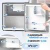 A mini refrigerator with its door open, showing internal dimensions and features, with a hand placing an item inside. Produktbild-Vorschau