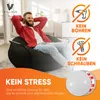 A man relaxing in a beanbag chair, with marketing text and icons overlaid. Produktbild-Vorschau