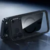 A black and clear iPhone case with a magnetic ring is shown in a studio setting with a dark, reflective background. Produktbild-Vorschau