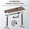An exploded view of a desk's components being assembled, with instructional text and a speed icon. Produktbild-Vorschau