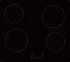 A top-down view of a black glass ceramic cooktop with four heating elements and touch controls at the bottom. Produktbild-Vorschau