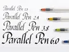 A display of four parallel pens with different nib sizes, each labeled with its size and shown next to its corresponding pen. Voir les images du produit