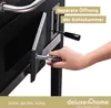 A hand is shown operating a lever on a grill, with text overlays describing a feature. Produktbild-Vorschau