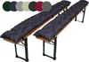 Two dark gray tufted bench cushions are placed on wooden beer garden benches against a white background. Produktbild-Vorschau