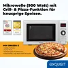A marketing image for a microwave oven, featuring the product, a pizza, and promotional text and awards. Produktbild-Vorschau
