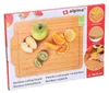 The image shows the packaging of a bamboo cutting board, with illustrations of fruits and close-ups of the product's features. Produktbild-Vorschau