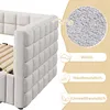A close-up of a upholstered bed frame with a magnified view of the fabric texture and descriptive text. Náhľad obrázku produktu