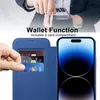 A person's hand is shown inserting credit cards into a blue phone case with a wallet function. A blue iPhone is also visible. Produktbild-Vorschau