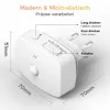 A white LED night light with a motion sensor and dimmer is shown with dimensions and feature descriptions. Produktbild-Vorschau