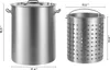 A stainless steel stockpot with a lid and a perforated basket next to it, with dimensions indicated by measurement lines and numbers. Voir les images du produit
