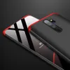 A close-up shot of a smartphone case with a red trim and a black matte finish, showing the camera module and side buttons. The phone's screen is visible and reflects light. Produktbild-Vorschau