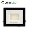 A black LED floodlight with a white face and yellow LEDs is shown against a white background. The brand logo is visible at the top and on the product itself. Produktbild-Vorschau