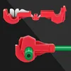 Two views of a red plastic wire connector with a green tube inserted into one of them, set against a dark background. Produktbild-Vorschau