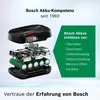 An exploded view of a Bosch 18V battery pack, with text highlighting Bosch's battery expertise and features that protect the battery. Voir les images du produit