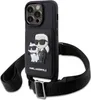 A black iPhone case with a Karl Lagerfeld and Choupette graphic and a crossbody strap. Produktbild-Vorschau