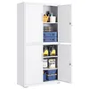 A white metal storage cabinet with multiple shelves and doors, some of which are open, displaying various items inside. Produktbild-Vorschau