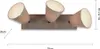 A product shot of a wall lamp with three adjustable fabric shades, with dimensions indicated. Produktbild-Vorschau