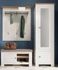A hallway set including a coat rack, bench with storage, and a tall cabinet with a mirror, set against a blue wall. Produktbild-Vorschau