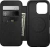A black leather iPhone case with card slots and a dollar bill is shown open. Produktbild-Vorschau