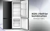 A refrigerator-freezer combination with its doors open, displayed with marketing text on the right side. Produktbild-Vorschau