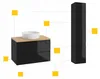 A black bathroom cabinet with a wooden top and a white sink, shown next to a tall black cabinet. Yellow squares are connected to different parts of the furniture with dotted lines, likely indicating features or assembly points. Produktbild-Vorschau