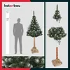 A collage showing a Christmas tree with snow, its size relative to a person, and assembly instructions. Produktbild-Vorschau