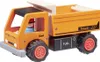 A wooden toy dump truck with a driver inside, shown from a slight angle. Produktbild-Vorschau