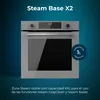 A modern oven with a digital display and a glass door, set against a dark blue gradient background. Produktbild-Vorschau