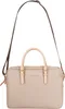 A light beige briefcase with brown straps and handles, presented against a white background. Voir les images du produit