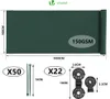 A green fence screen is shown rolled up and unrolled, with dimensions and accessories indicated. Anteprima dell’immagine prodotto