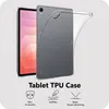 A transparent tablet case is shown on a light gray background, with a tablet partially visible inside. Text and icons describing the case's features are displayed below. Produktbild-Vorschau
