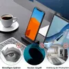 Schwarzer Telefonständer, der ein Smartphone auf einem Schreibtisch hält, mit Laptop, Tastatur und Kaffeetasse, mit drei kreisförmigen Grafiken, die Datenschutzbedrohungen veranschaulichen Produktbild-Vorschau