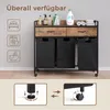A laundry cart with three baskets and two drawers, shown with icons indicating its versatility and close-up views of its adjustable feet and wheels. Produktbild-Vorschau