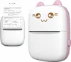 A cute cat-themed mini printer is shown printing a document. The printer is white with pink accents and has a cartoon cat face on the front. A smaller image of the printer with a document coming out is shown on the left. Produktbild-Vorschau