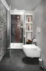 A modern bathroom with a wall-hung toilet and a shower stall. Anteprima dell’immagine prodotto