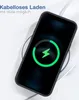 A smartphone is wirelessly charging on a charging pad, with a charging animation displayed on the screen. Produktbild-Vorschau