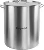 A large, stainless steel pot with a lid and handles. Produktbild-Vorschau