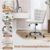 A white office chair is shown in a room, with smaller circular images showing the chair in different settings like an office, library, and bedroom. Text in German indicates multiple uses. Produktbild-Vorschau