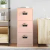 A pink filing cabinet with three drawers is shown in a room setting, next to a wooden cabinet and a shelving unit. Voir les images du produit