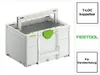 A white Festool Systainer³ tool box with a green latch is shown against a white background. Text boxes with product information are on the right. Anteprima dell’immagine prodotto