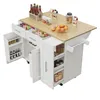 A white kitchen island with a wooden countertop, featuring open drawers and cabinets filled with various food items and bottles. Voir les images du produit