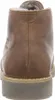 The back view of a brown leather boot with a gray sole. Voir les images du produit