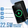 A power bank is shown charging a smartphone, with feature callouts on the left. Voir les images du produit