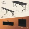 Collage showing a folding table and bench set, including dimensions and folded views. Náhľad obrázku produktu
