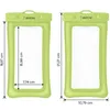 Two green waterproof phone cases are shown with dimensions indicated by lines and text. Produktbild-Vorschau