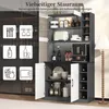 A multi-panel image showcasing a gray and white kitchen cabinet with various interior and exterior views, along with illustrative icons. Produktbild-Vorschau