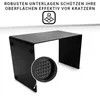 A black metal side table shown from a low-angle front perspective with a zoomed-in detail of its rubber feet. Produktbild-Vorschau